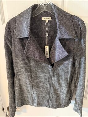 NWT Max Studio Linen-Blend Moto Jacket Heathered Black Lightweight Size Small